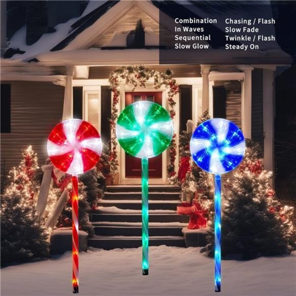 27" Set of 3 Lollipops Peppermint Stake Lights, Candy Cane Lights with 8 Modes - Picture 2 of 7